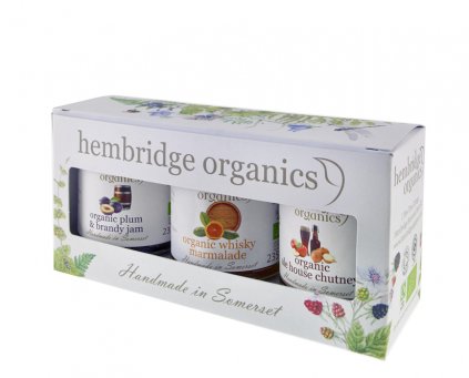 Gift box of chutney, marmalade and jam.