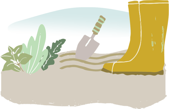 illustration of a pair of wellies, a trowel and some vegetables growing in the ground